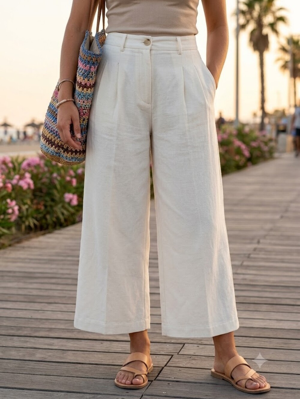 Aritzia Cream Pleated Wide Leg Crop Pants Coastal Prep Quiet Luxury Minimalist